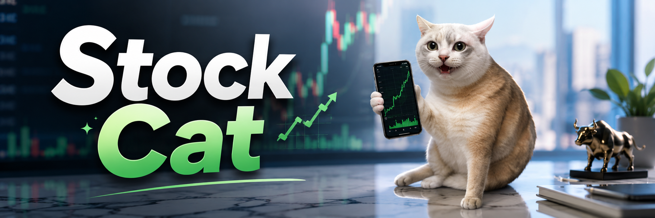 STOCKCAT banner — cat holding a phone with a rising chart